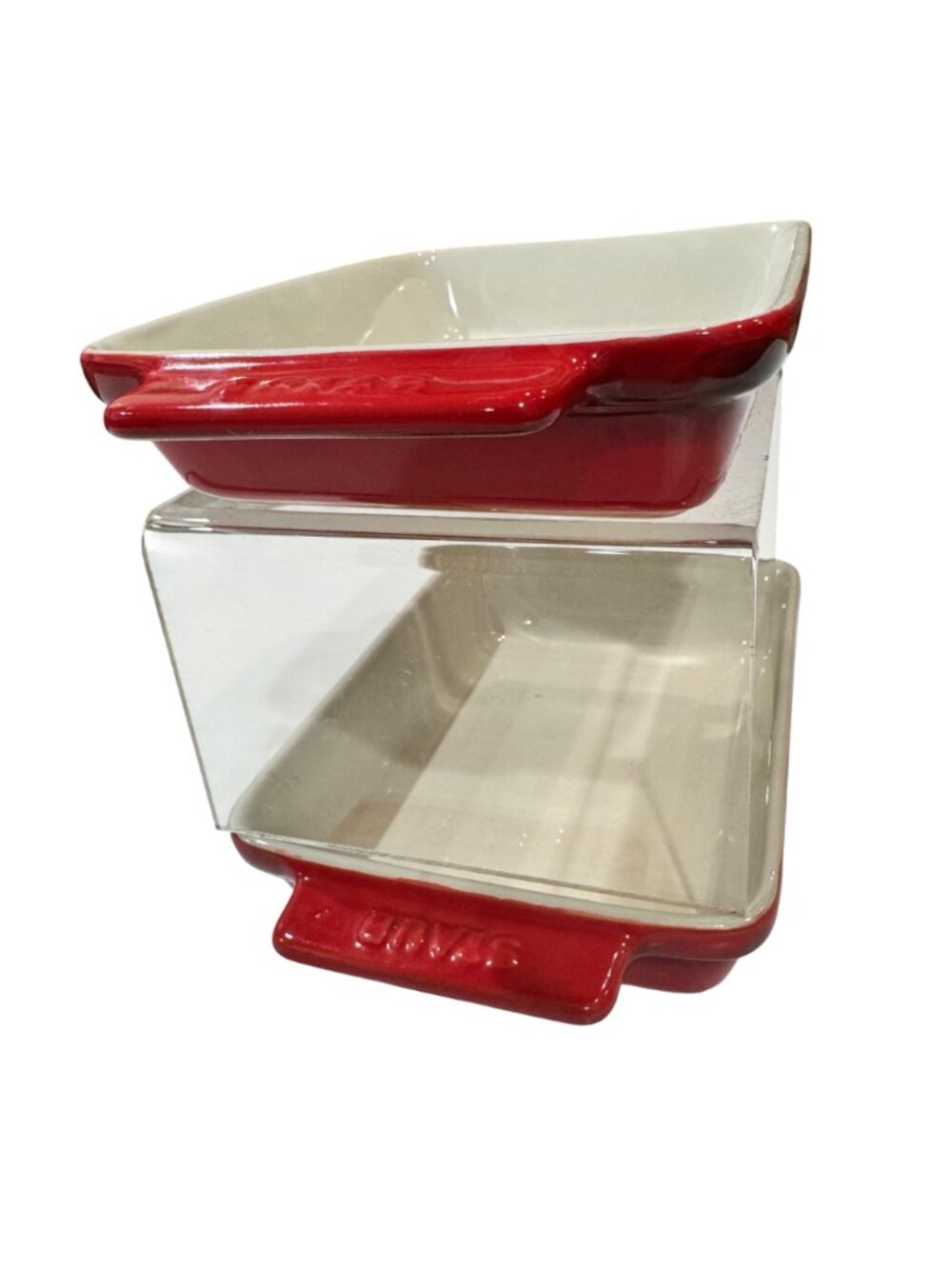 2 Staub Ceramic Rectangular Individual Baking Dishes Set Cherry Red Cream 6.5 in - Picture 11 of 14